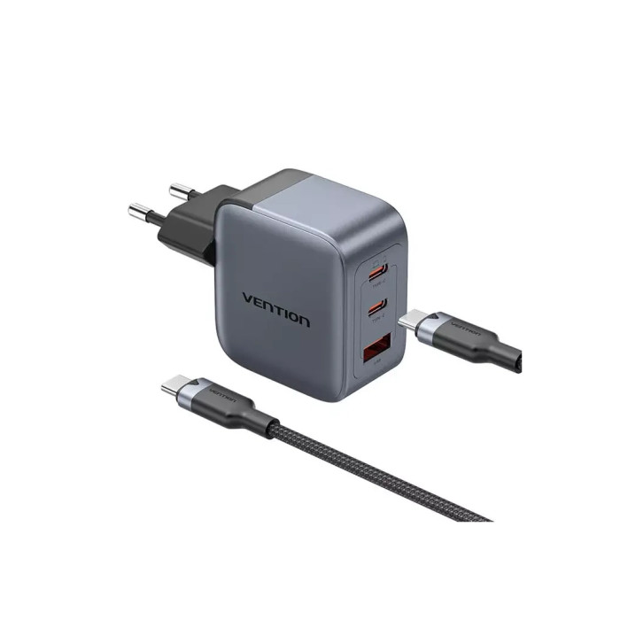Зарядний пристрій Vention 2xUSB-C PD70W + 1xUSB QC3.0 22.5W GaN + cable USB-C to USB-C 1.0m black gray (TZ-FEXH0-EU)