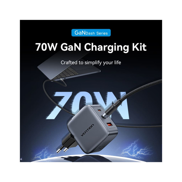 Зарядний пристрій Vention 2xUSB-C PD70W + 1xUSB QC3.0 22.5W GaN + cable USB-C to USB-C 1.0m black gray (TZ-FEXH0-EU)