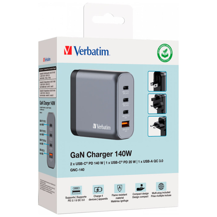 Зарядний пристрій Verbatim GaN 140 W 4 ports (2xUSB-C-140 W,USB-C 20 W /USB-A -3.0) (32203)