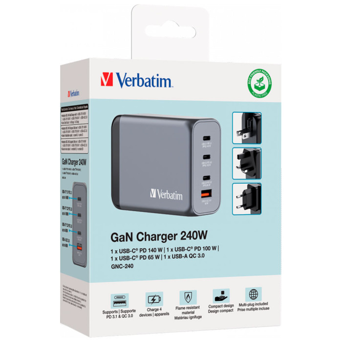 Зарядний пристрій Verbatim GaN 240 W 4 ports (USB-C-140 W,USB-C-100 W,USB-C-65 W /USB-A -3.0) (32205)