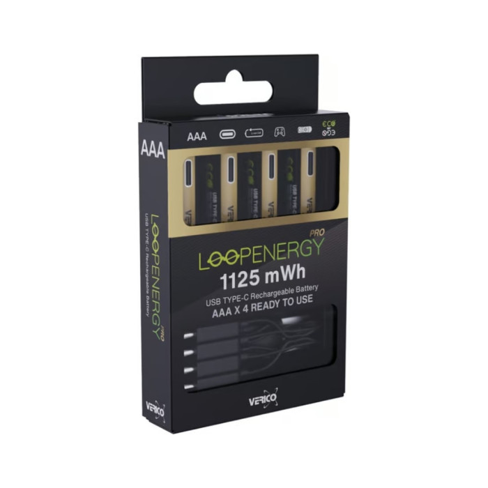 Акумулятор Verico AAA USB Type-C 750mAh/1125mWh-1.5V Li-ion 4шт./уп. (Loop Energy PRO) (1UDBT-A7WEAC-NN)