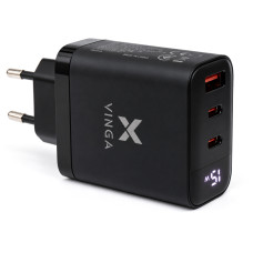 Зарядний пристрій Vinga 2xUSB-C + USB-A Display 65W (VCR65ACCDB)