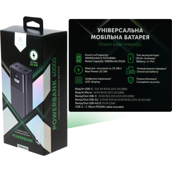 Батарея універсальна Vinga 40000 mAh 22.5W Display Black (VPBB4022)