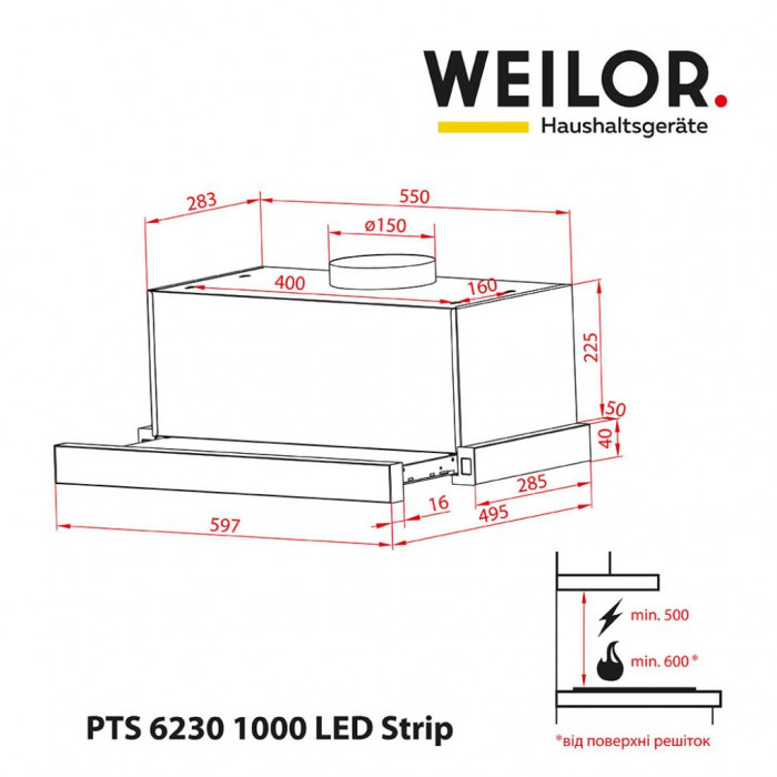 Витяжка кухонна Weilor PTS 6230 BL 1000 LED strip