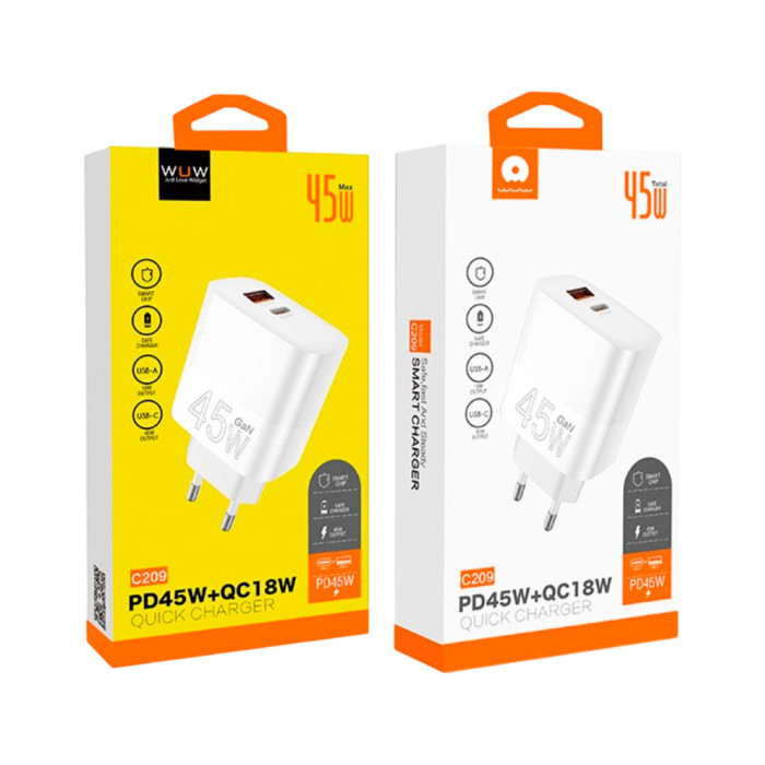 Зарядний пристрій WUW C209 1xUSB-C PD45W + 1xUSB QC3.0 18W White (WUW-C209)