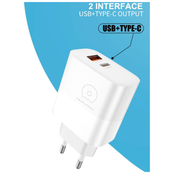 Зарядний пристрій WUW C209 1xUSB-C PD45W + 1xUSB QC3.0 18W White (WUW-C209)