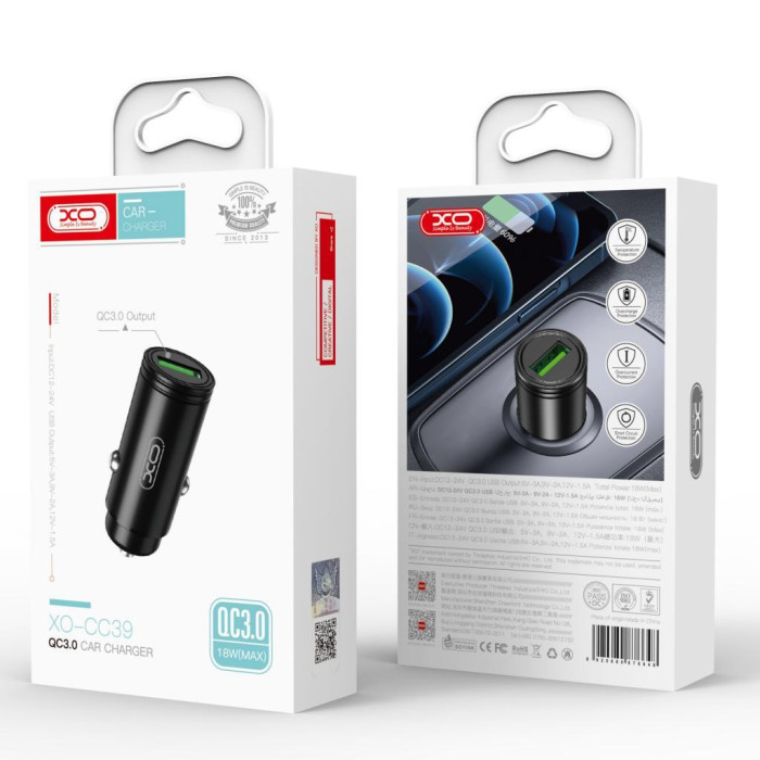 Зарядний пристрій XO USB QC3.0 black (CC39-BK)
