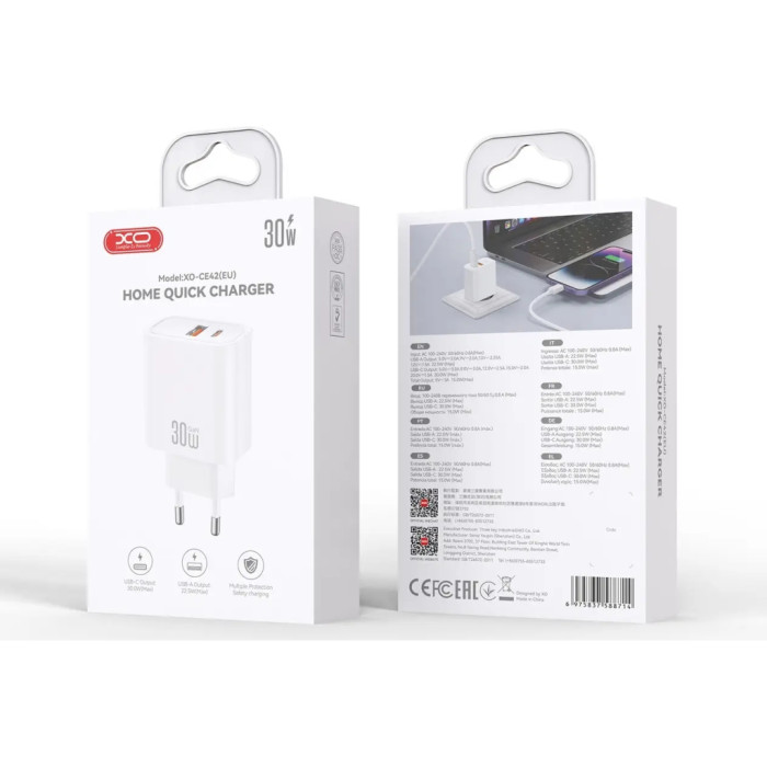 Зарядний пристрій XO 1xUSB 22.5W + 1xUSB-C PD30W white (CE42.white)