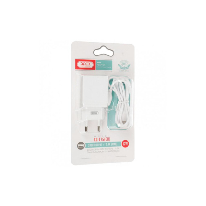 Зарядний пристрій XO L75 2USB/2.4A + Lightning White (XO-L75-L)