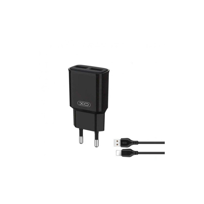 Зарядний пристрій XO L92C (2USB/2.4A) + USB - Lightning Чорний (XO-L92C-L)