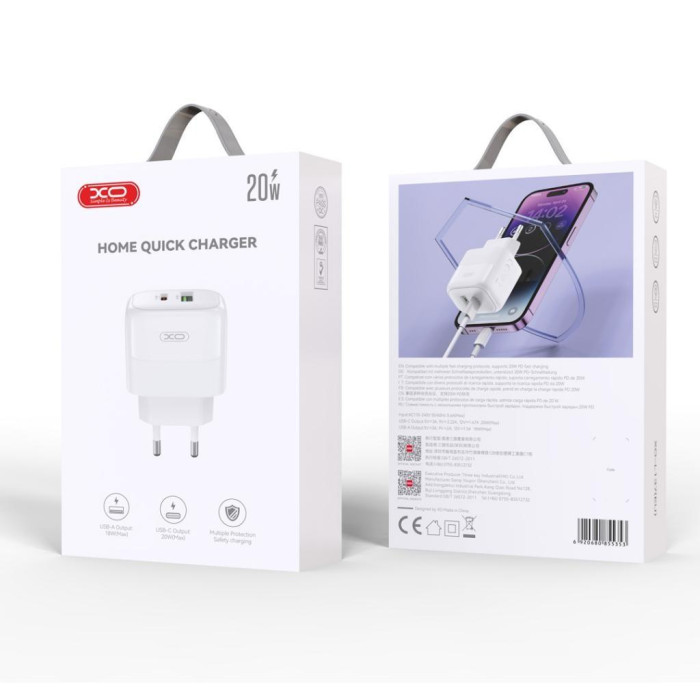 Зарядний пристрій XO 1xUSB QC3.0 + 1xUSB-C PD20W (XO-QC37)