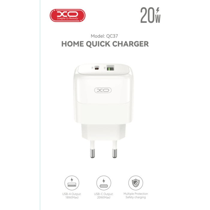 Зарядний пристрій XO 1xUSB QC3.0 + 1xUSB-C PD20W (XO-QC37)