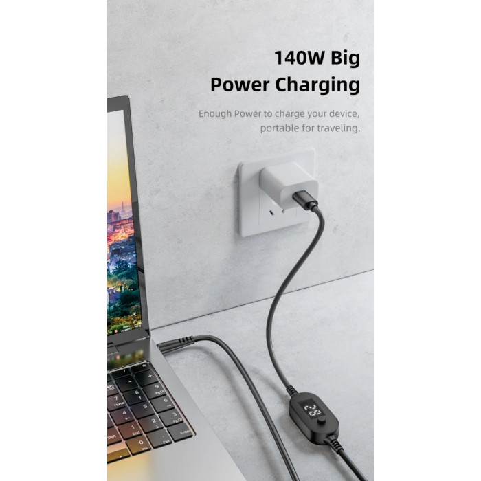 Кабель живлення USB-C to DC 5.5x2.5mm 1.0m 5V/9V/12V/15V/20V/28V 140W black XoKo (XK-K695)