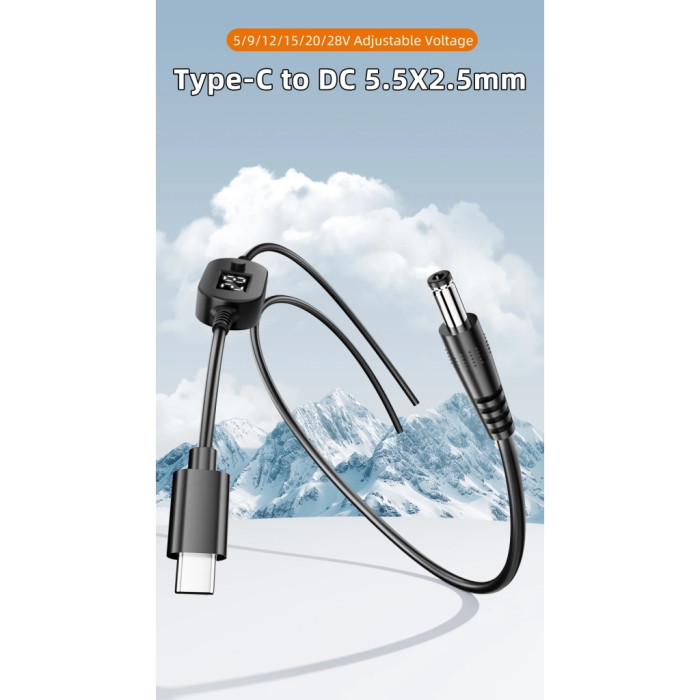 Кабель живлення USB-C to DC 5.5x2.5mm 1.0m 5V/9V/12V/15V/20V/28V 140W black XoKo (XK-K695)